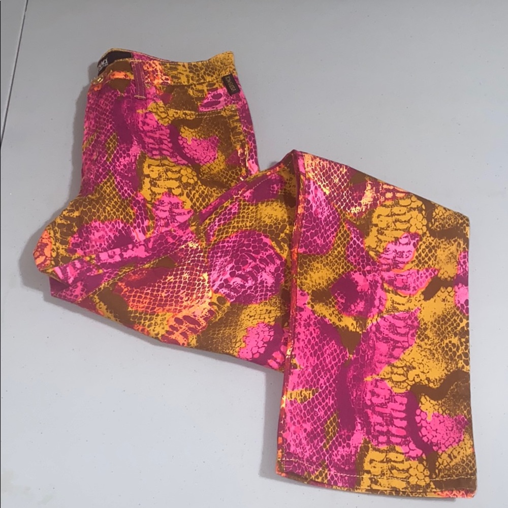 Versace Pink and Yellow Snake Print Straight Leg Pants